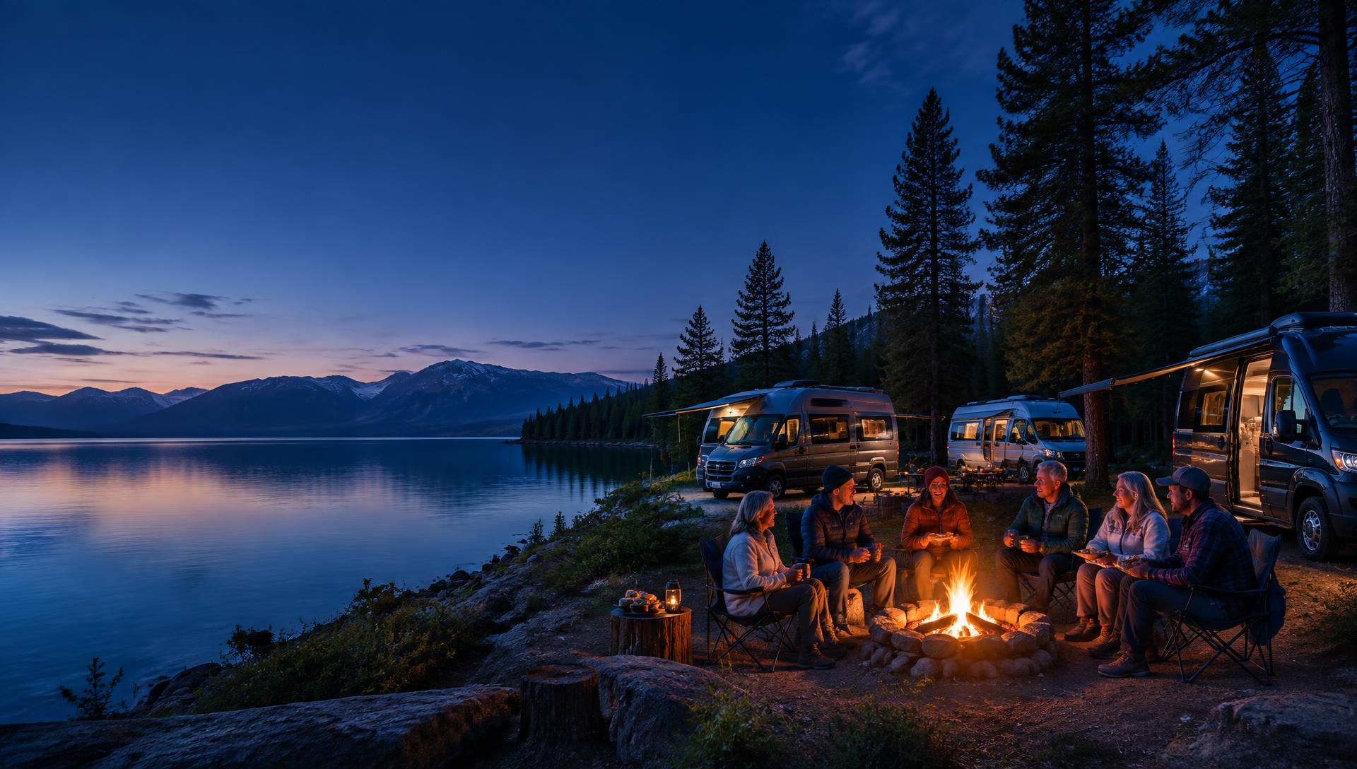 Friends gathered around a campfire with three Class B RVs beside a mountain lake